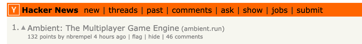 Screenshot of Hacker News front page with Ambient on #1